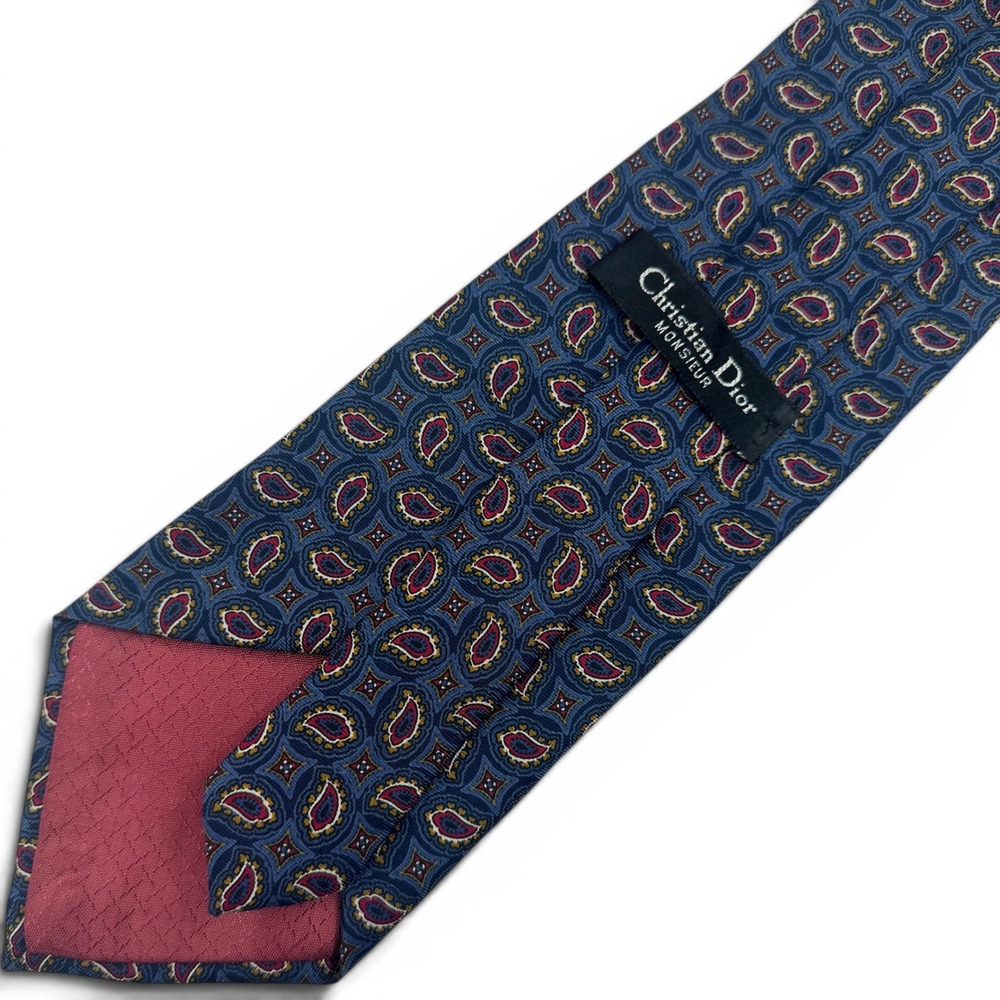 Christian Dior Monsieur 100% Silk Tie Blue Red Paisley Geometric Men Made in USA